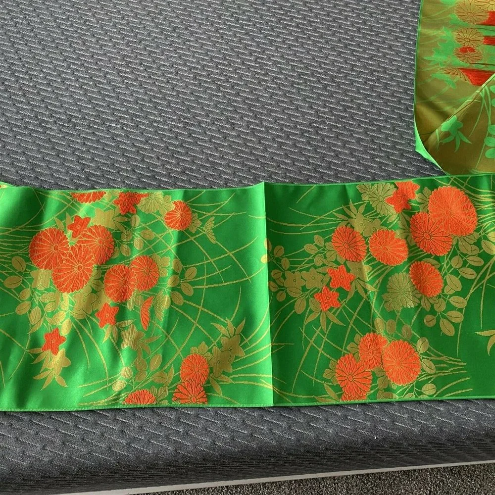 Vintage long Table Runner Oriental Satin Green Orange Floral 14 x 156